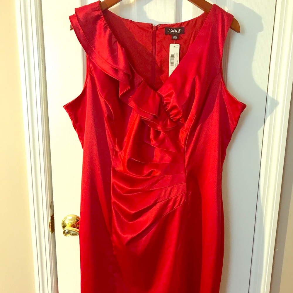 Allen B Red Satin Dress with Asymmetrical Ruffle
